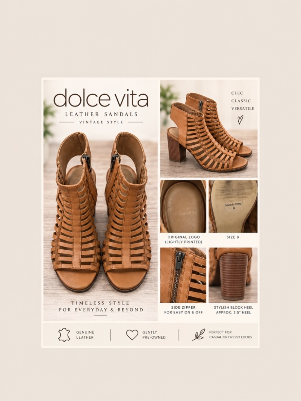 Dolce Vita Tan Leather Woven Cage Sandals Size 8 Block Heel